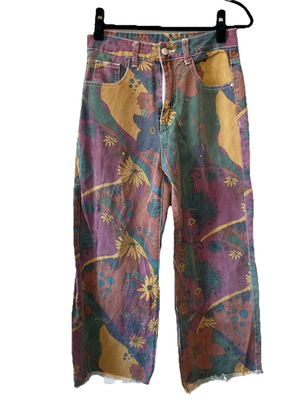 Vintage Psychedelic Floral Wide Leg Jeans Multi Colored Hippie Boho Festival S/M - Picture 13 of 15